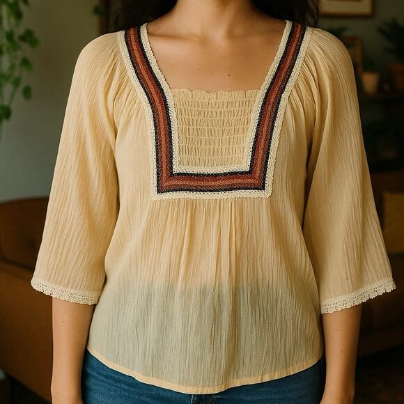 American Vintage Tops - Vintage Sheer Peasant Blouse Boho Lace Trim Cream Top Size Large